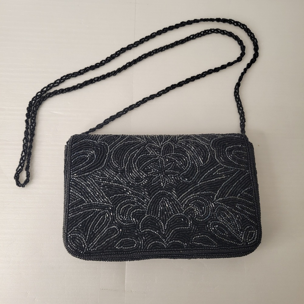 Vintage Lisa Loren Black Hand Beaded Evening Bag Purse Hong Kong Floral Clutch